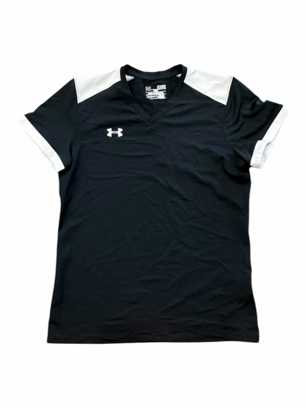 Under Armour Black Striped Fitted V-Neck Athletic Maquina 3.0 Tee S